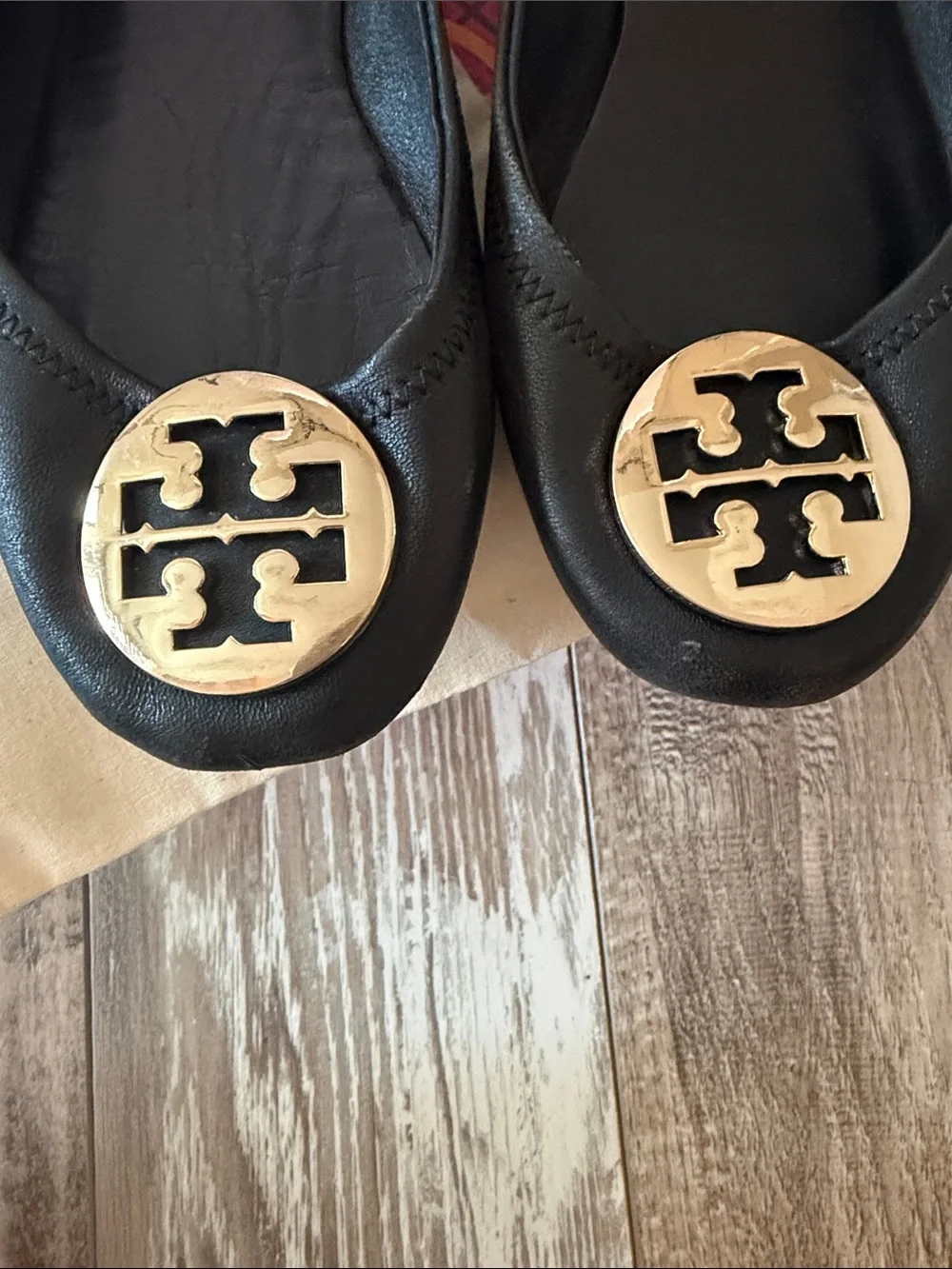 Tory Burch Black Leather Logo Ballet Flats with Gold Medallion